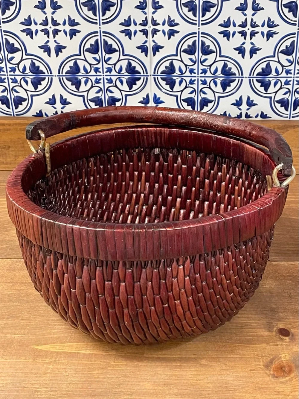 Vintage Chinese Lacquered Woven Harvest Basket Wooden Handle Asian Rustic Decor